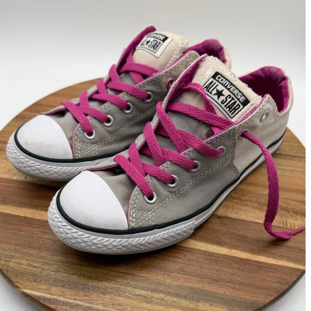 Converse All Star Low Top Junior Size 5 Sneakers Grey Cream Pink Laces 0515